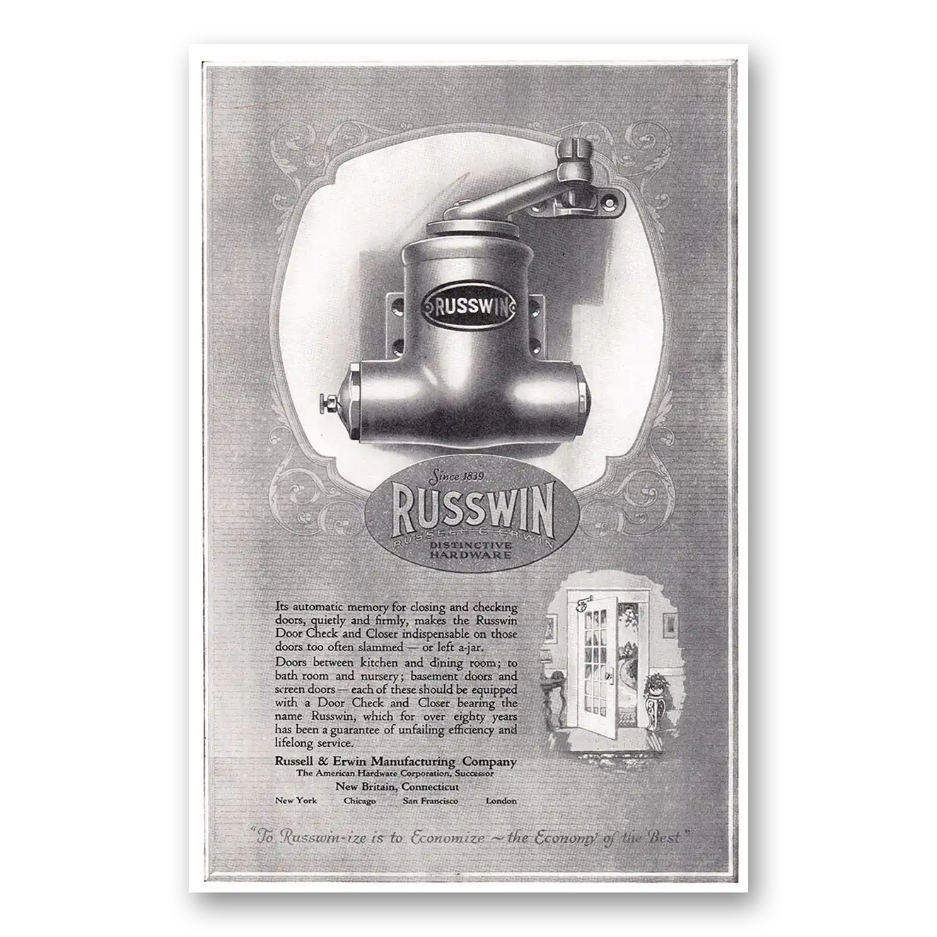 1924 Russwin Hardware Automatic Memory for Closing and Checking Doors Vintage Magazine Print Ad