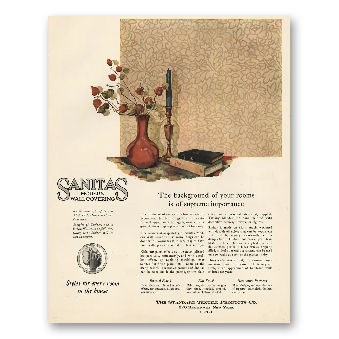 1924 Sanitas Modern Wall Covering Background of Rooms Vintage Magazine Print Ad