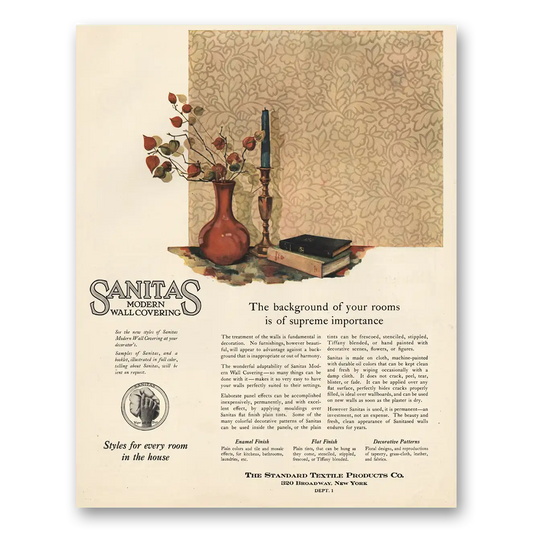 1924 Sanitas Modern Wall Covering Background of Rooms Vintage Magazine Print Ad