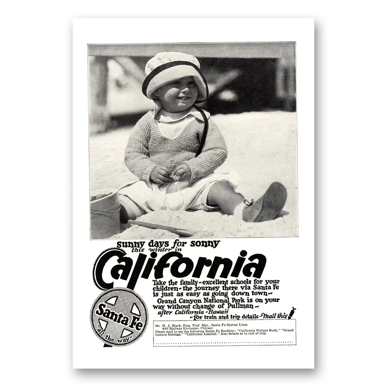 1924 Santa Fe Railway Sunny Days for Sonny California Vintage Magazine Print Ad