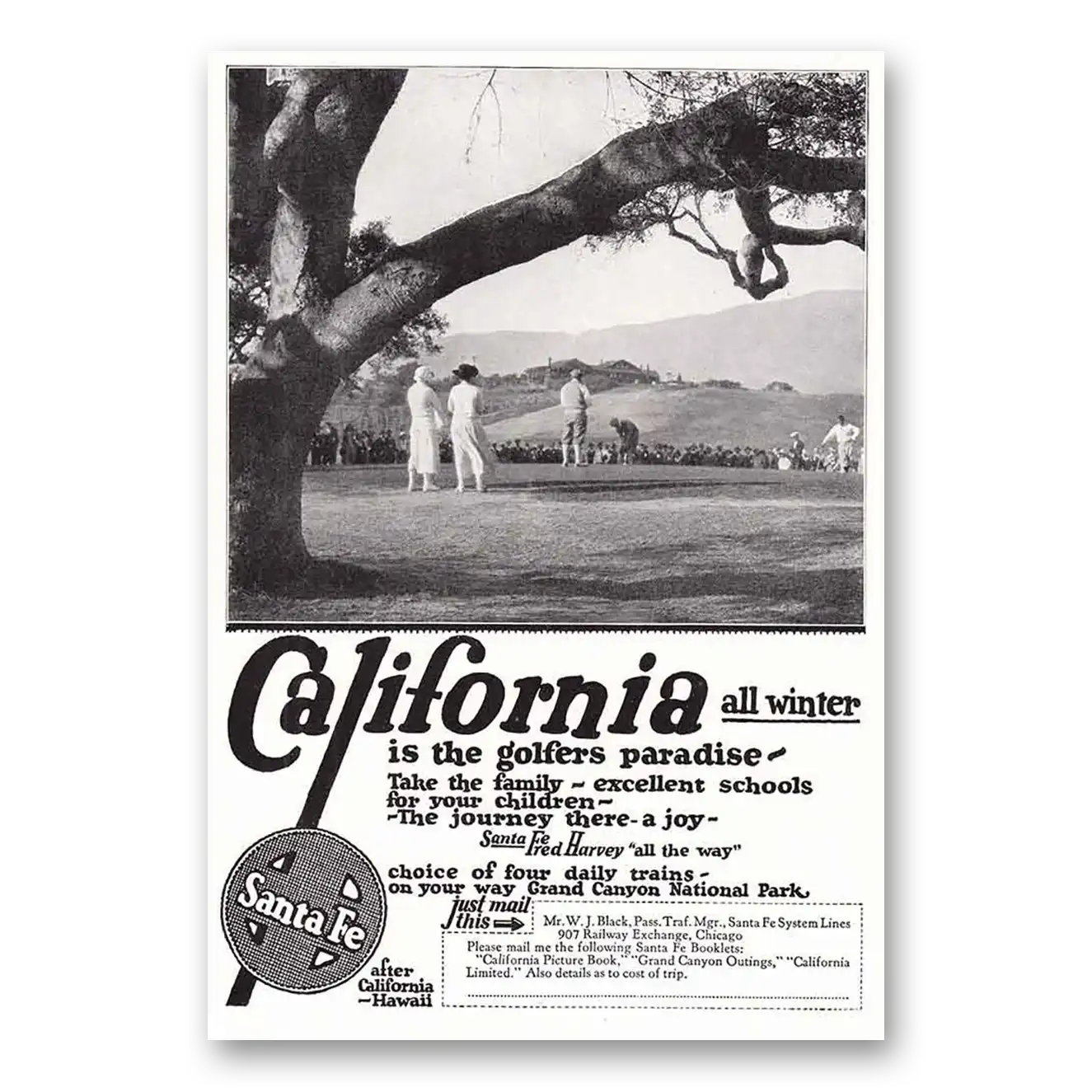 1924 Santa Fe Railway California All Winter Is the Golfers Paradise Vintage Magazine Print Ad