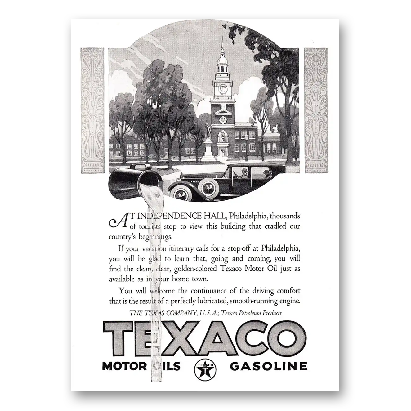 1924 Texaco Motor Oils Gasoline Independence Hall Philadelphia Vintage Magazine Print Ad