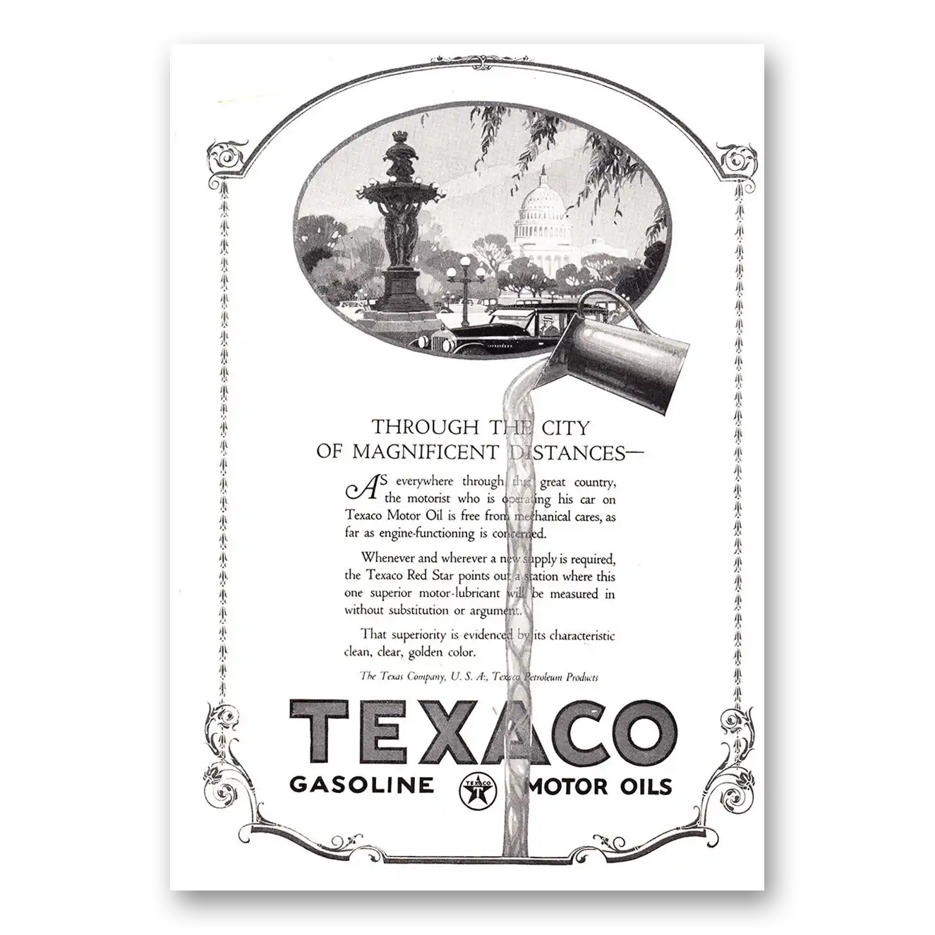 1924 Texaco Motor Oils Gasoline Through the City of Magnificent Distances Vintage Magazine Print Ad