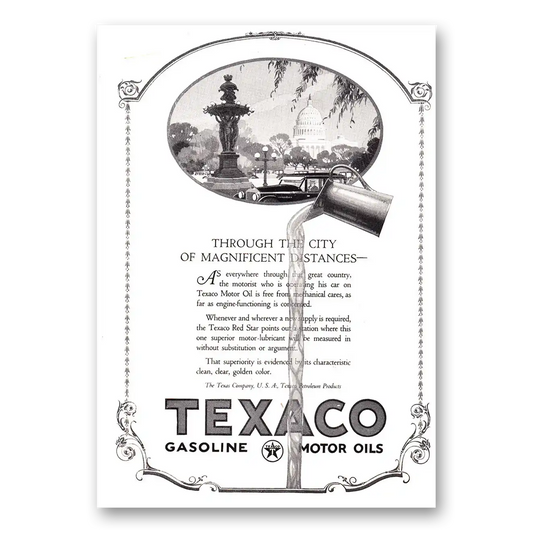 1924 Texaco Motor Oils Gasoline Through the City of Magnificent Distances Vintage Magazine Print Ad