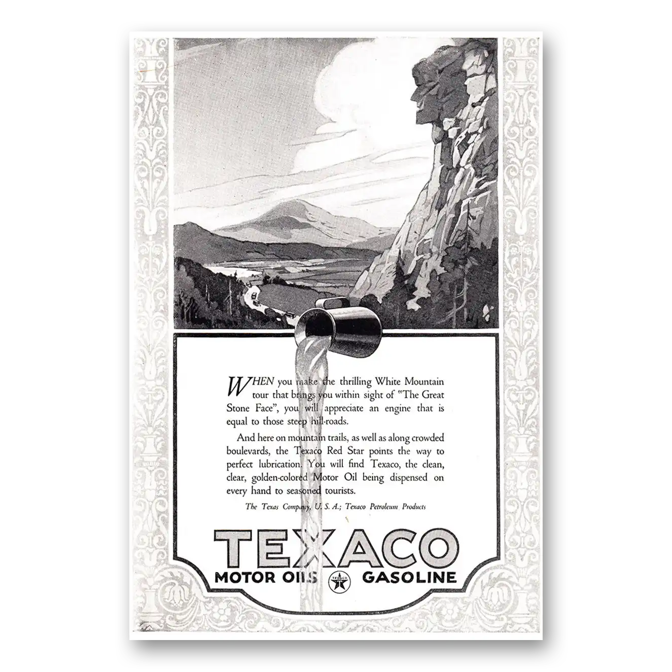 1924 Texaco Motor Oils Gasoline When You Make the Thrilling White Mountain Tour Vintage Magazine Print Ad