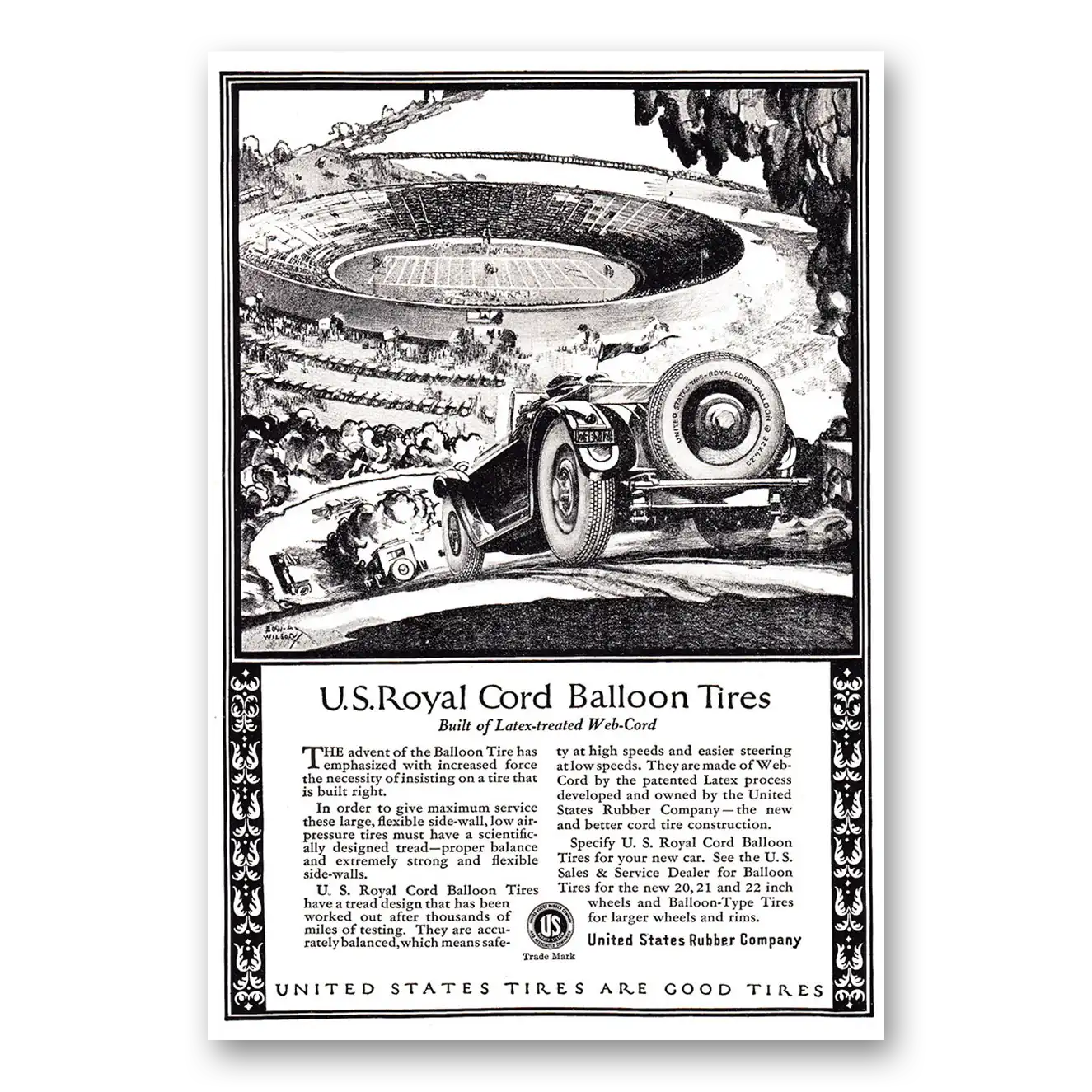 1924 US Royal Tires Balloon Tires Stadium Vintage Magazine Print Ad