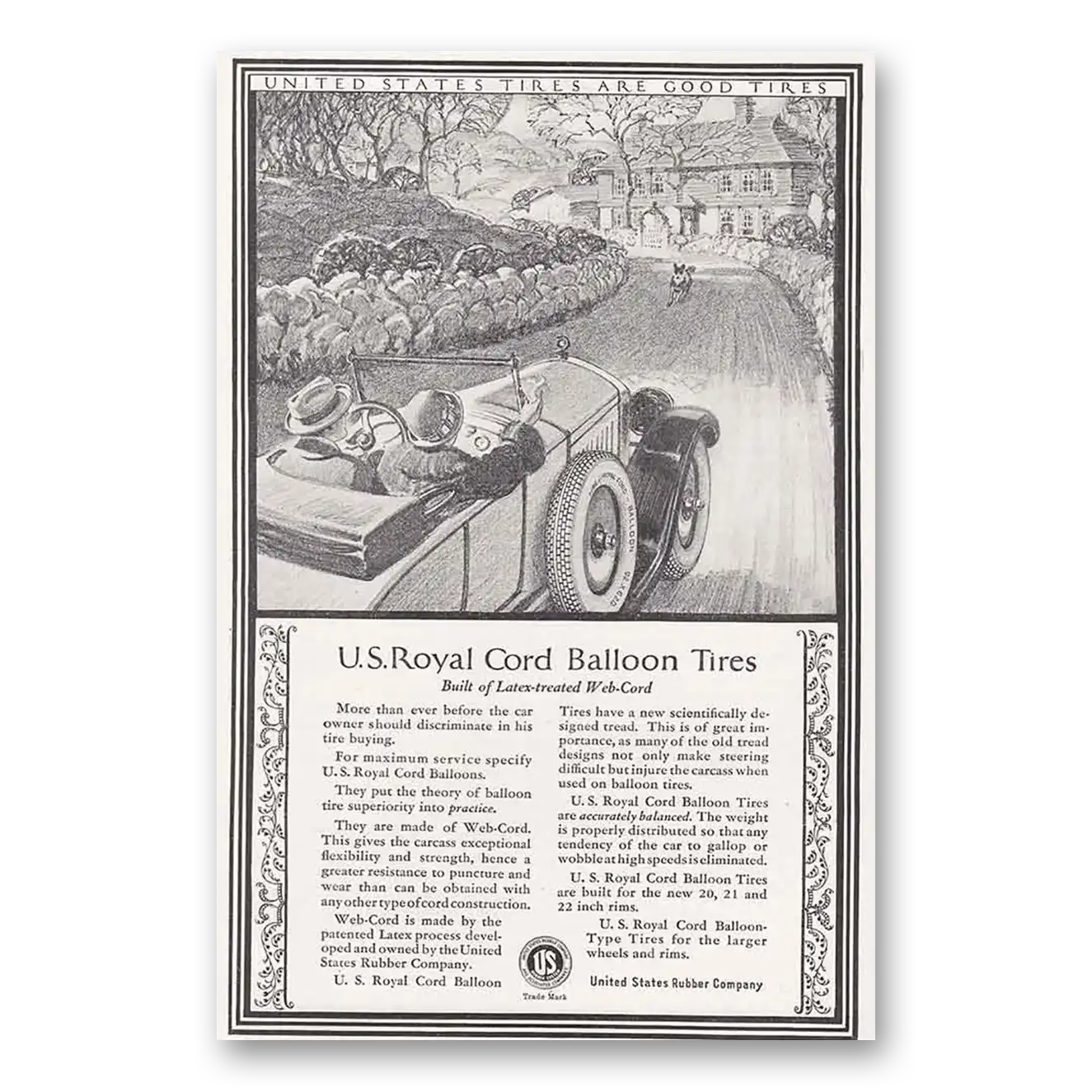 1924 US Royal Tires Built of Latex Treated Web Cord Vintage Magazine Print Ad