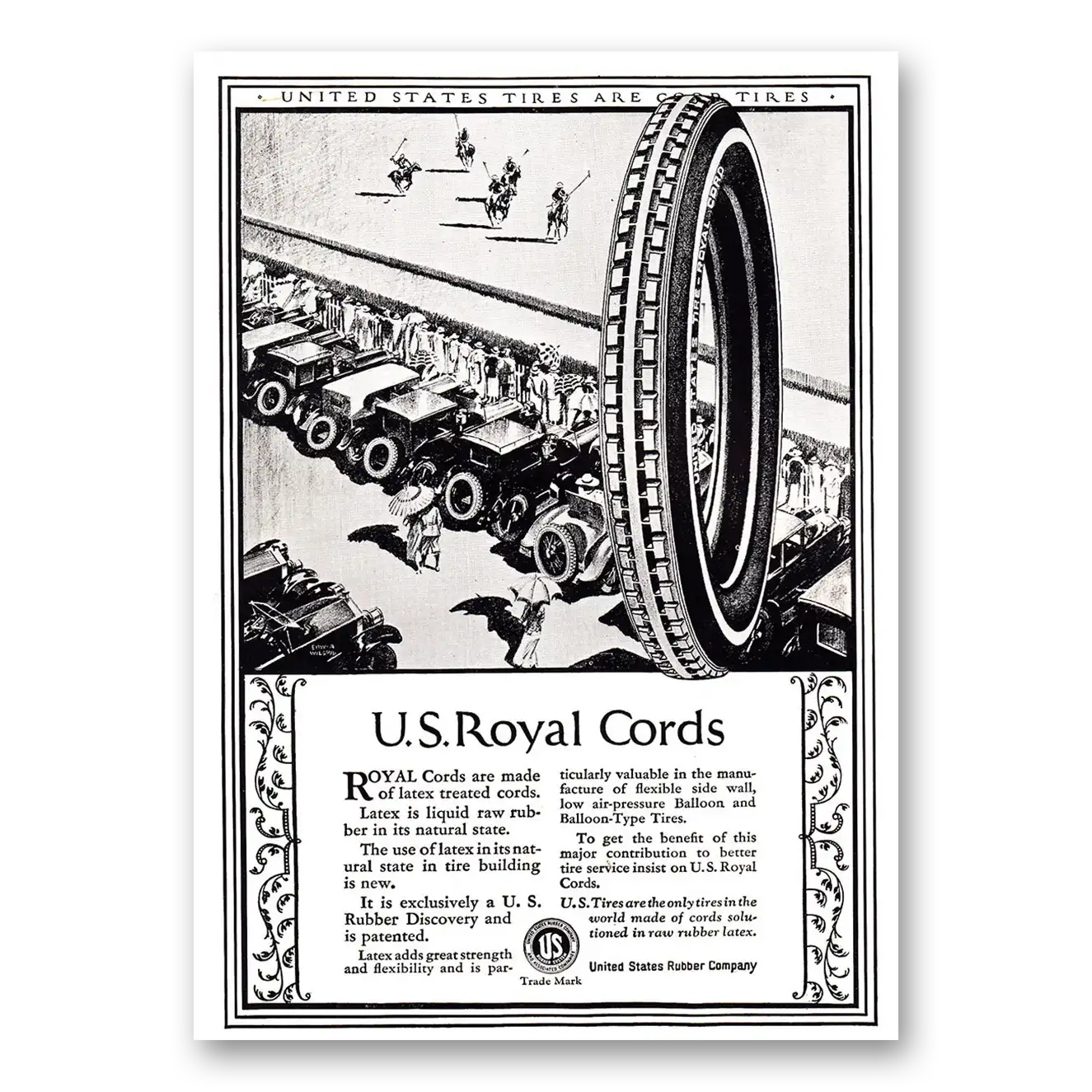 1924 US Royal Tires Made of Latex Treated Cords Vintage Magazine Print Ad