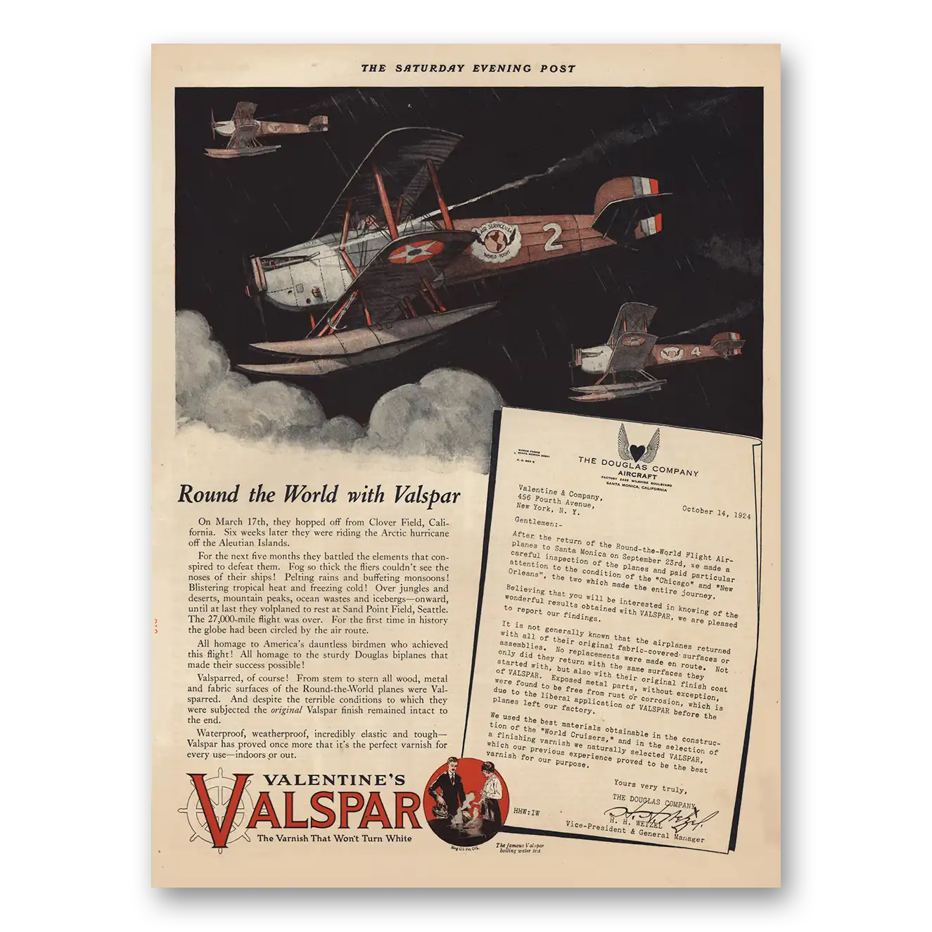 1924 Valentines Valspar Varnish Round the World Douglas Aircraft Vintage Magazine Print Ad