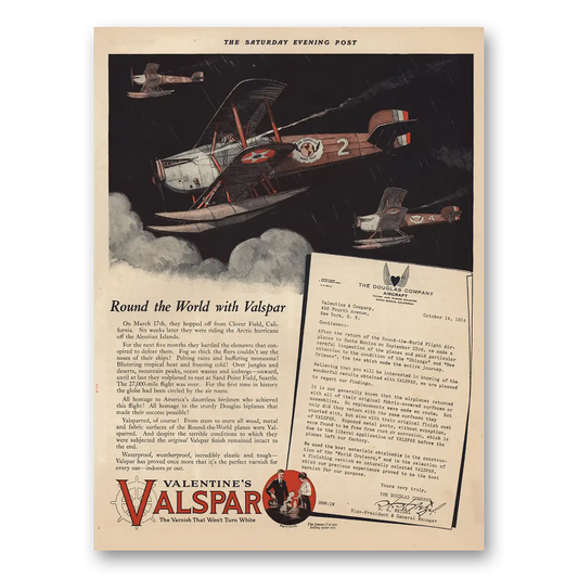 1924 Valentines Valspar Varnish Round the World Douglas Aircraft Vintage Magazine Print Ad