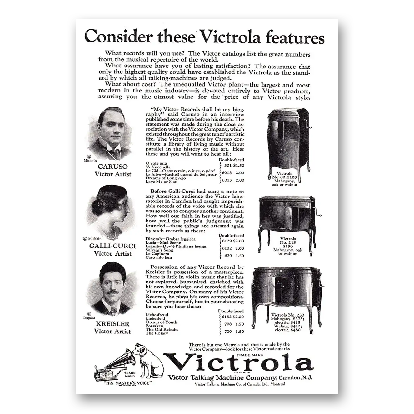 1924 Victrola Caruso Galli Curci Kreisler Vintage Magazine Print Ad