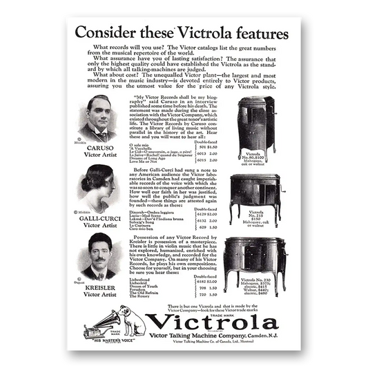 1924 Victrola Caruso Galli Curci Kreisler Vintage Magazine Print Ad