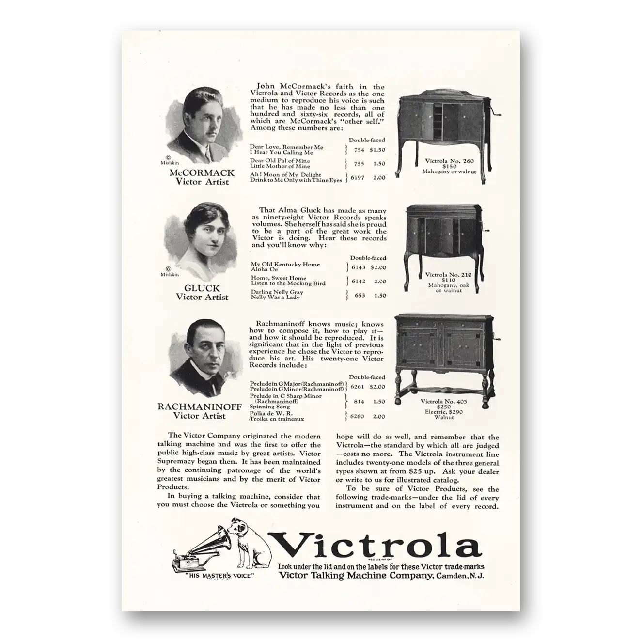 1924 Victrola McCormack Gluck Rachmaninoff Vintage Magazine Print Ad