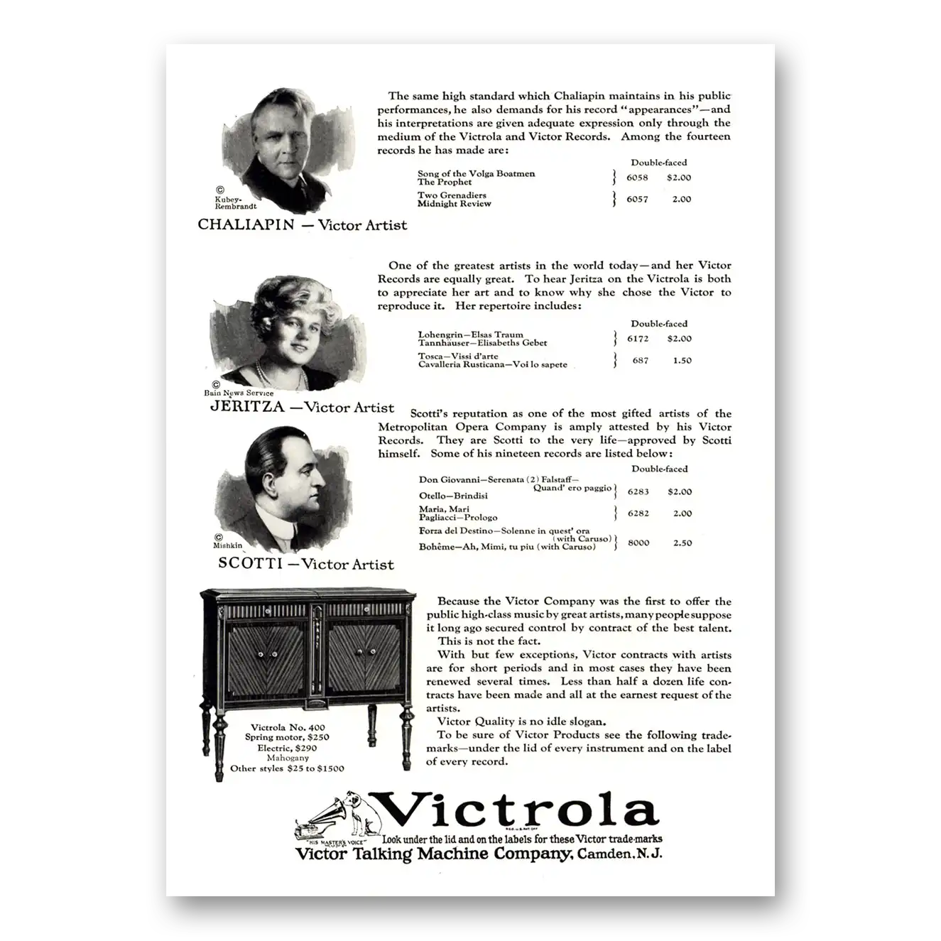 1924 Victrola Chaliapin Jeritza Scotti Vintage Magazine Print Ad