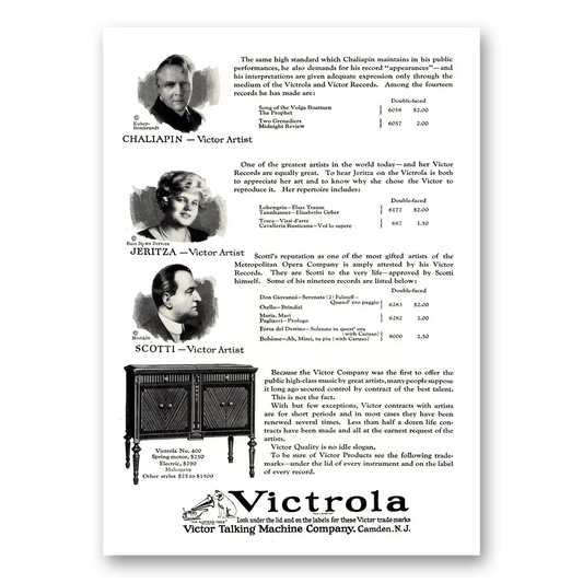 1924 Victrola Chaliapin Jeritza Scotti Vintage Magazine Print Ad