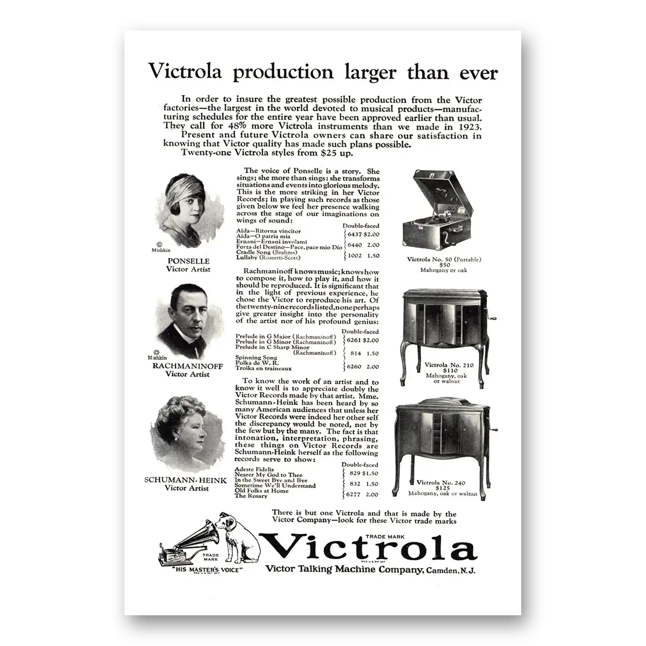 1924 Victrola Ponselle Rachmaninoff Heink Vintage Magazine Print Ad