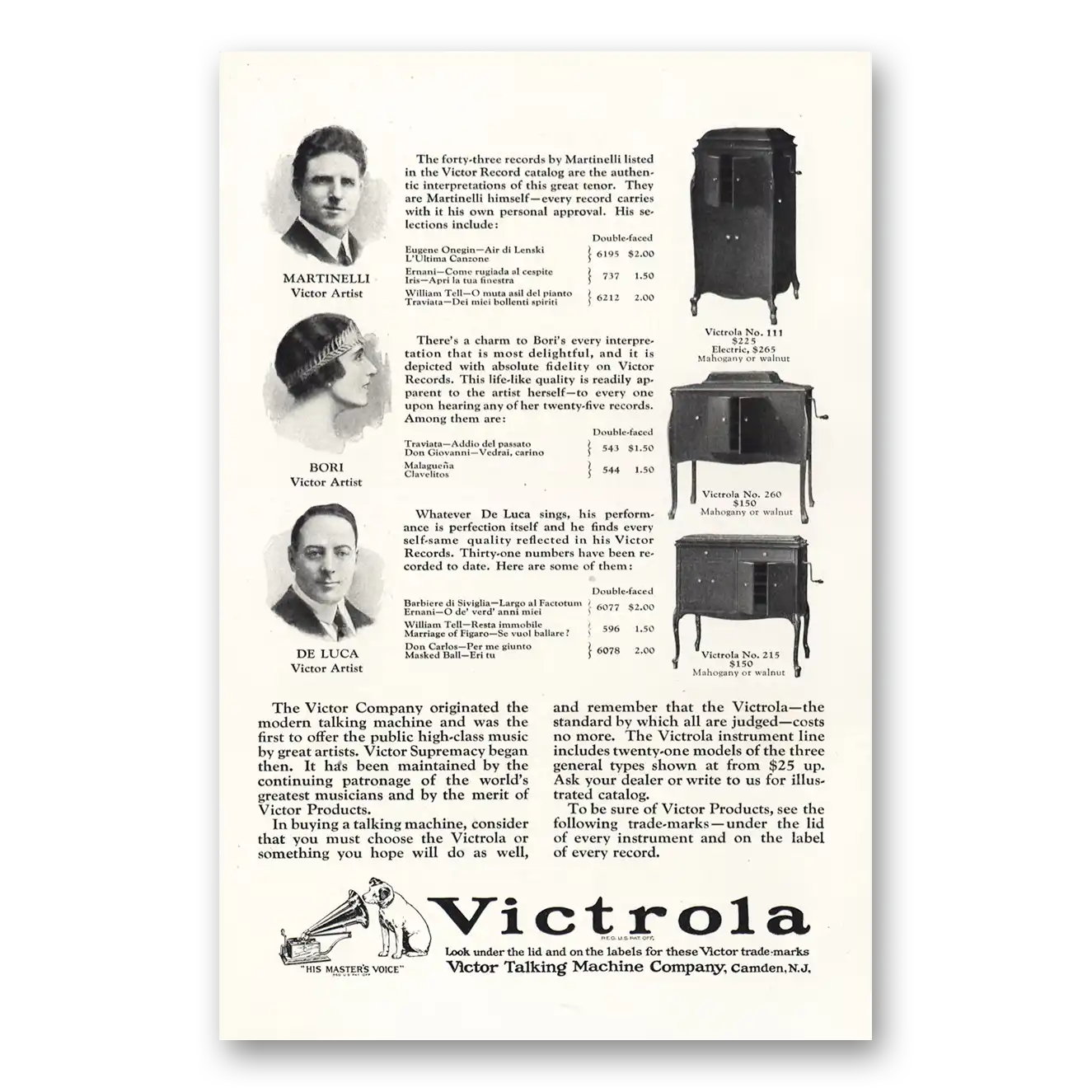 1924 Victrola Martinelli Bori De Luca Vintage Magazine Print Ad