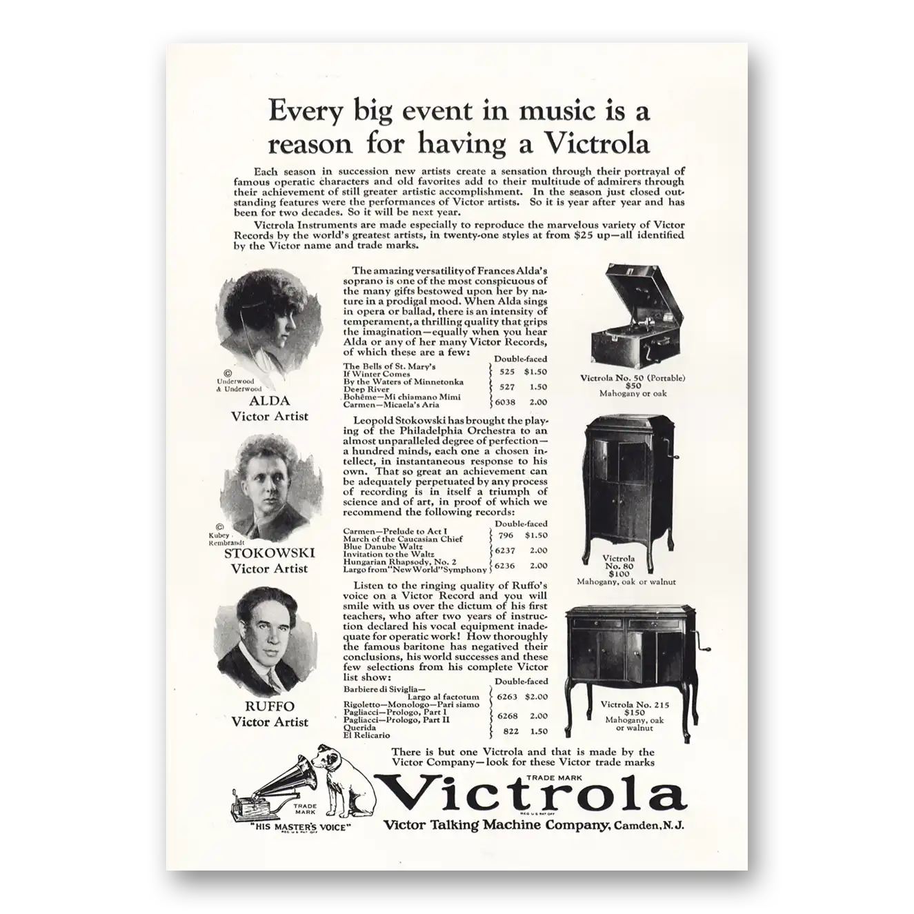 1924 Victrola Alda Stokowski Ruffo Vintage Magazine Print Ad