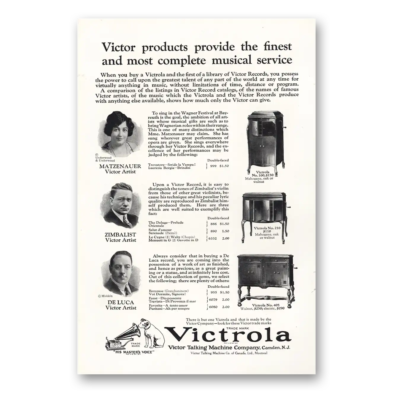 1924 Victrola Matzenauer Zimbalist DeLuca Vintage Magazine Print Ad