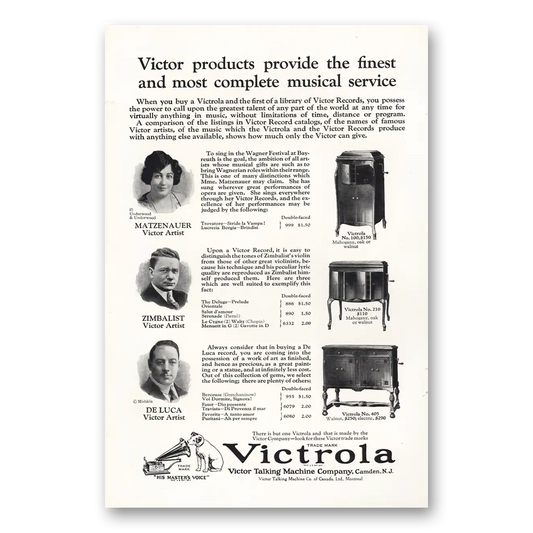 1924 Victrola Matzenauer Zimbalist DeLuca Vintage Magazine Print Ad