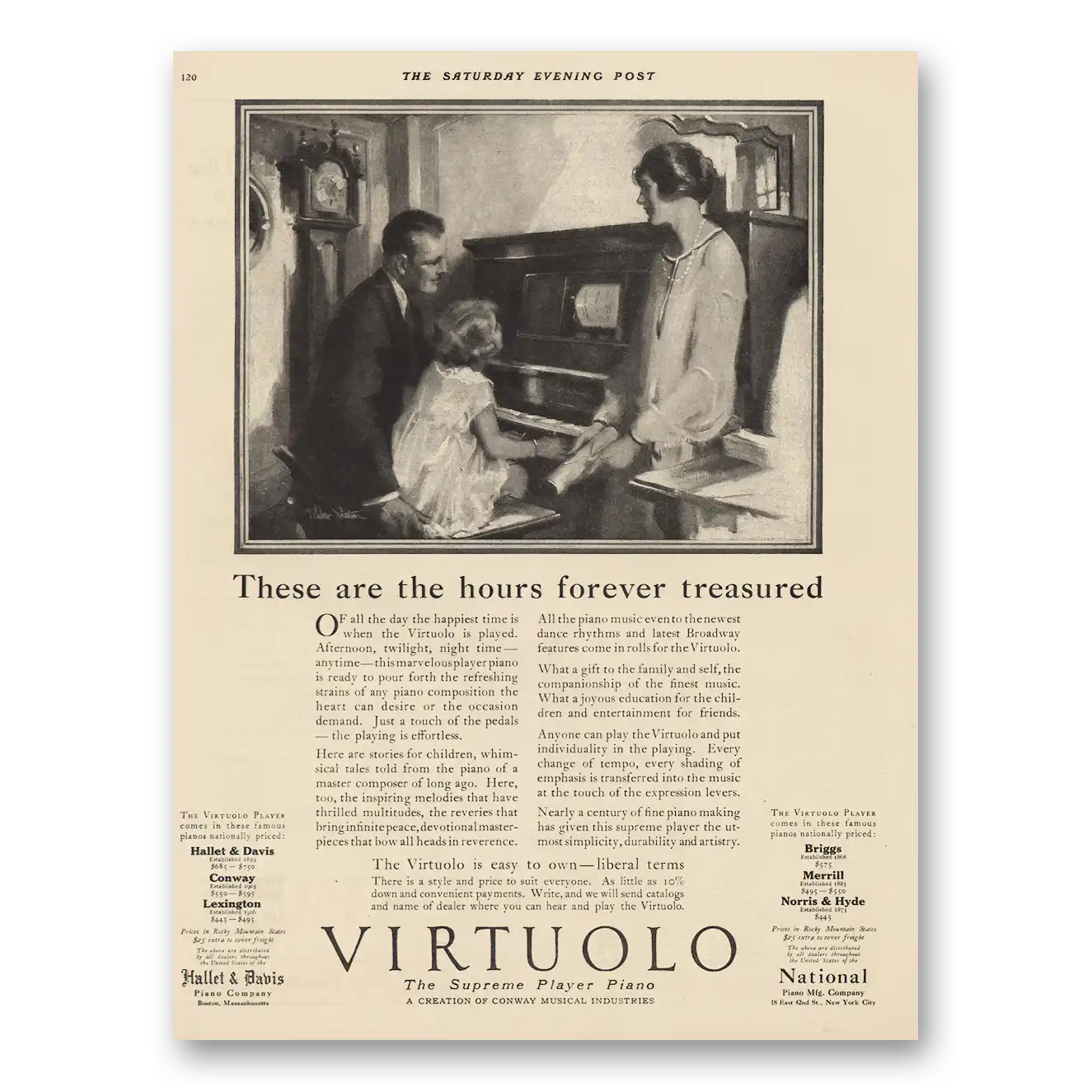 1924 Virtuolo Player Piano Hours Forever Treasured Vintage Magazine Print Ad