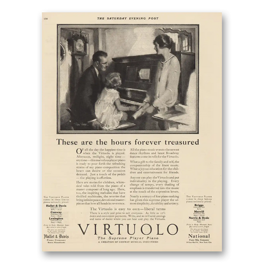 1924 Virtuolo Player Piano Hours Forever Treasured Vintage Magazine Print Ad