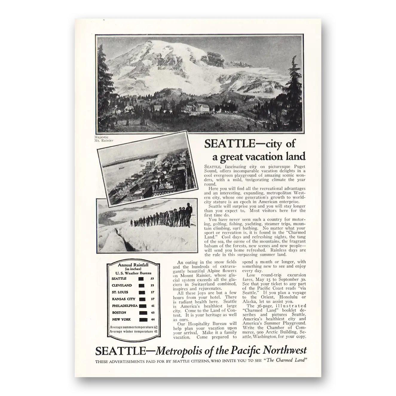 1924 Washington Seattle City of Great Vacation Land Vintage Magazine Print Ad