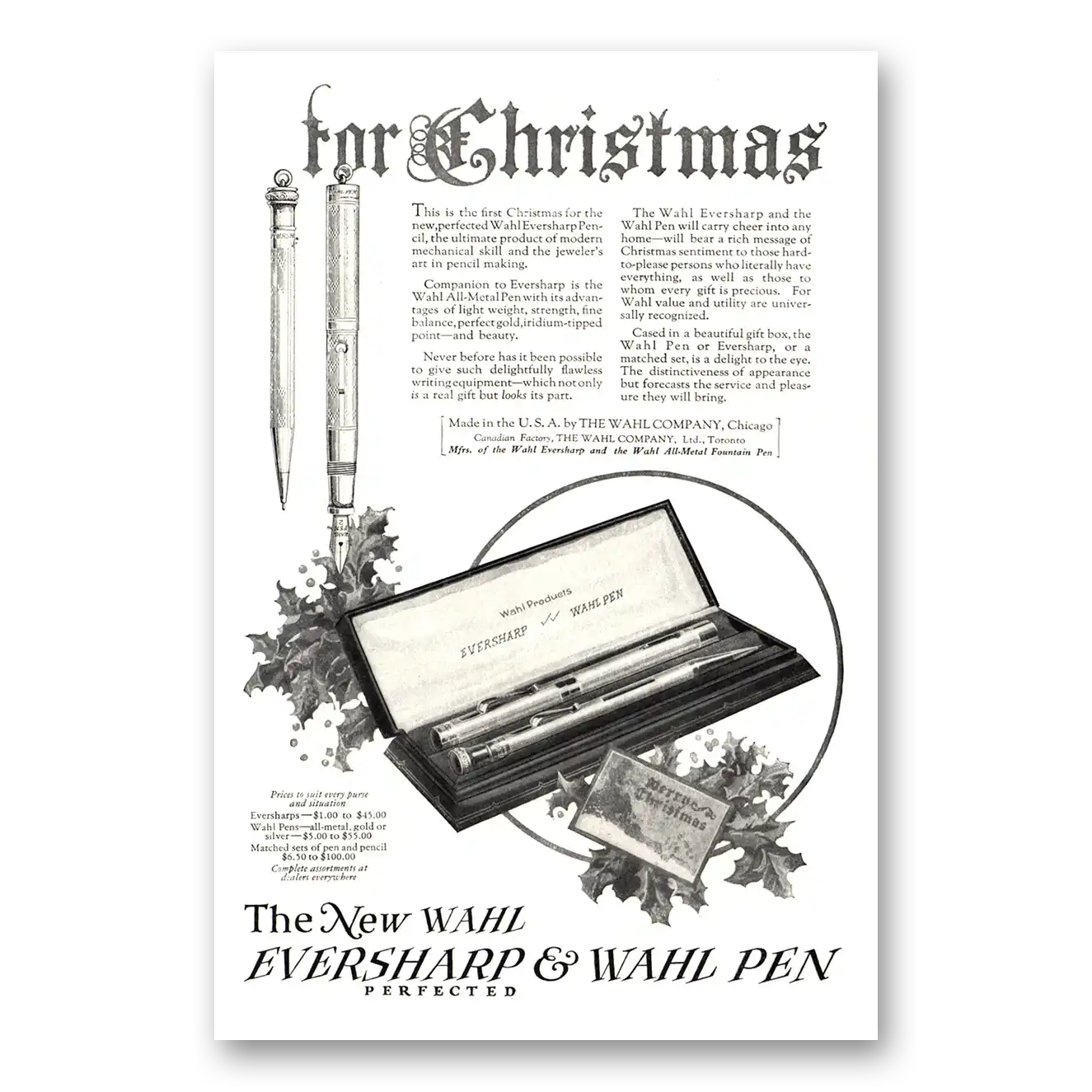 1924 Wahl Eversharp Pen Christmas Vintage Magazine Print Ad