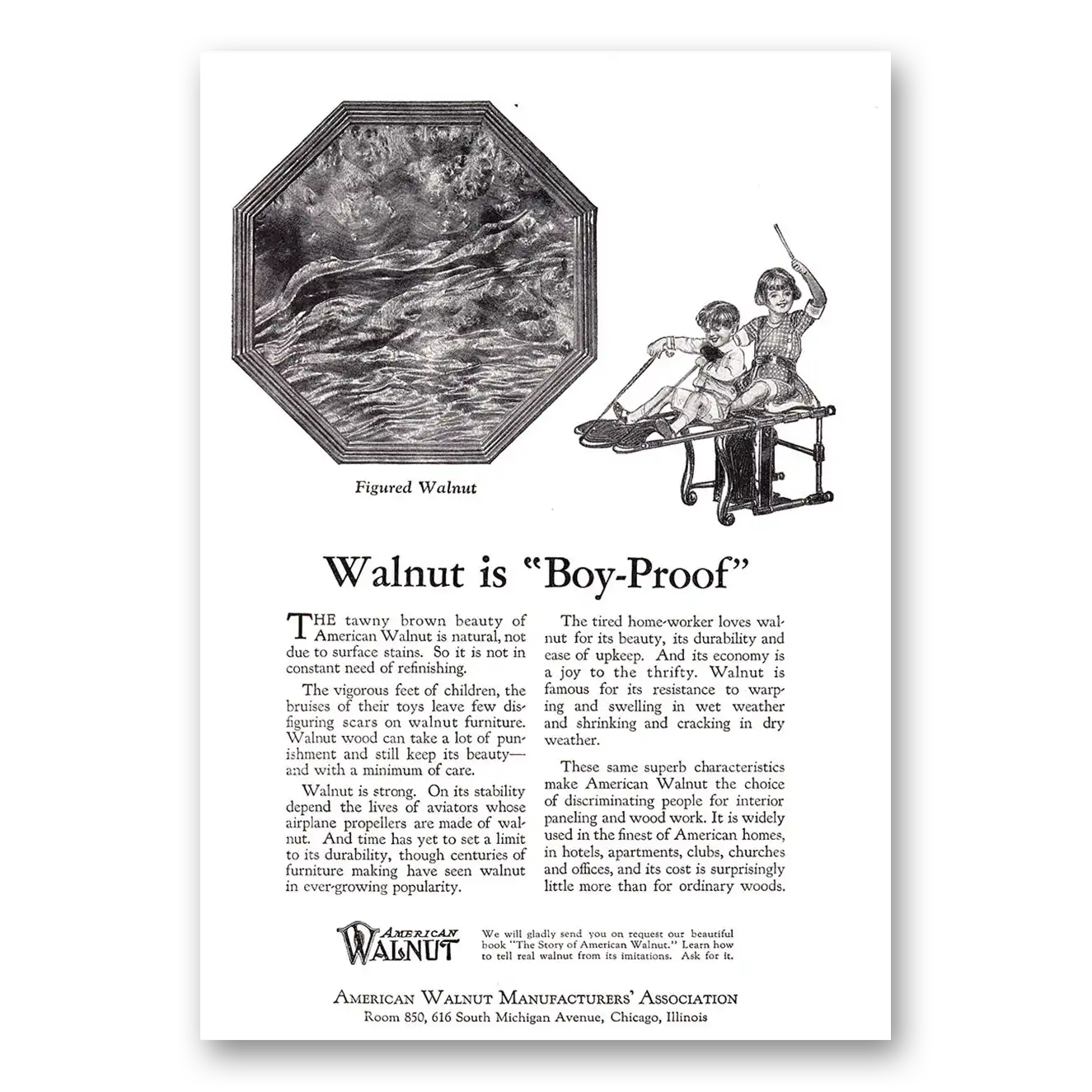 1924 American Walnut Walnut is Boy Proof Vintage Magazine Print Ad