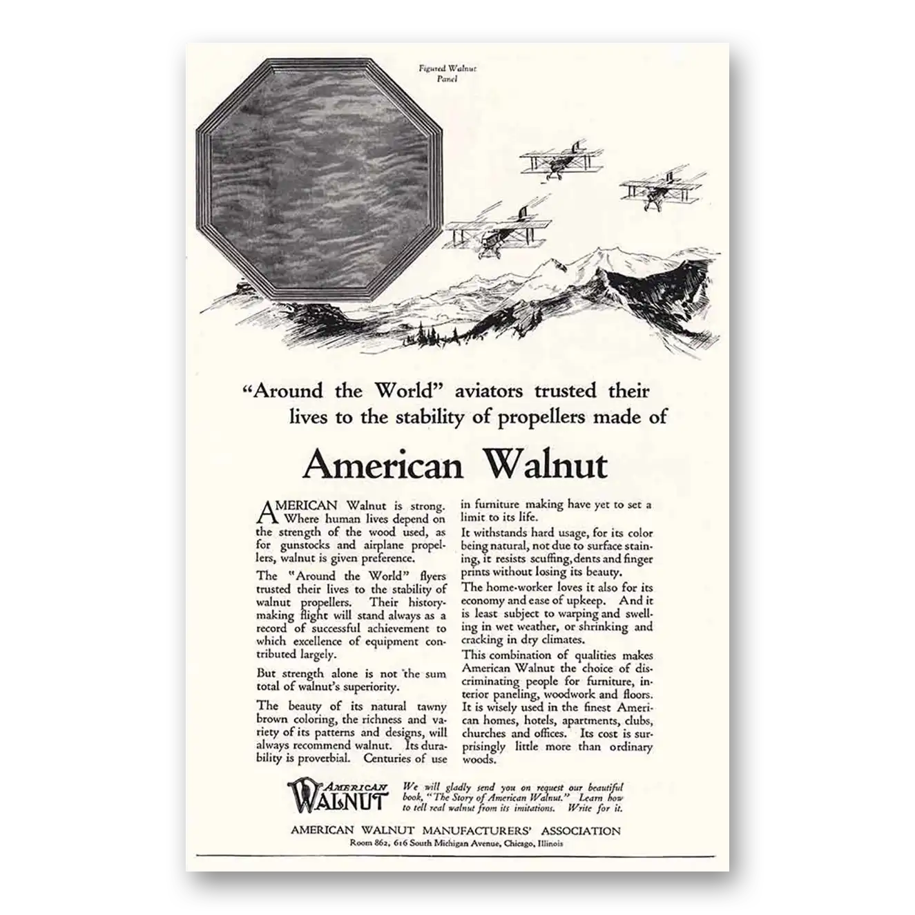 1924 American Walnut Around the World Aviators Trusted Their Lives Vintage Magazine Print Ad