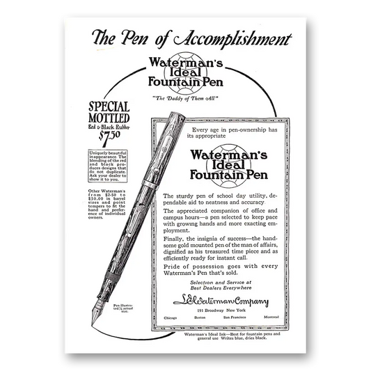 1924 Watermans Ideal Fountain Pen Pen of Accomplishment Special Mottled Vintage Magazine Print Ad