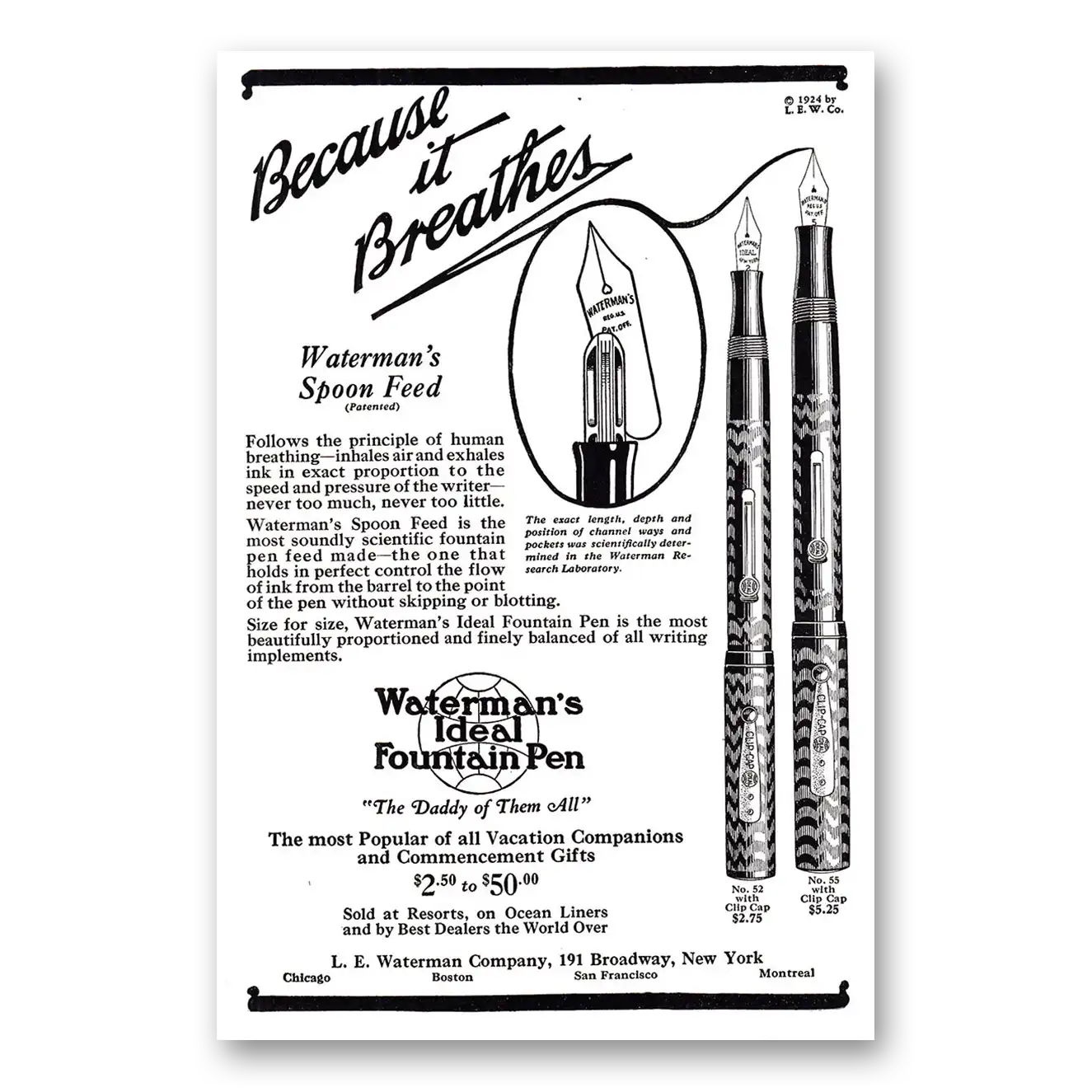 1924 Watermans Ideal Fountain Pen Because It Breathes Vintage Magazine Print Ad