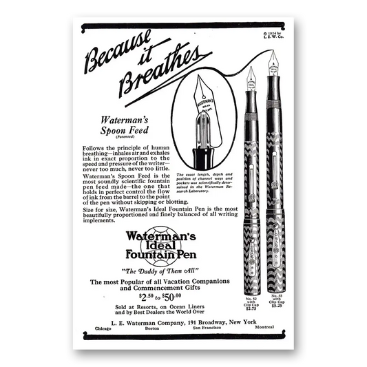 1924 Watermans Ideal Fountain Pen Because It Breathes Vintage Magazine Print Ad