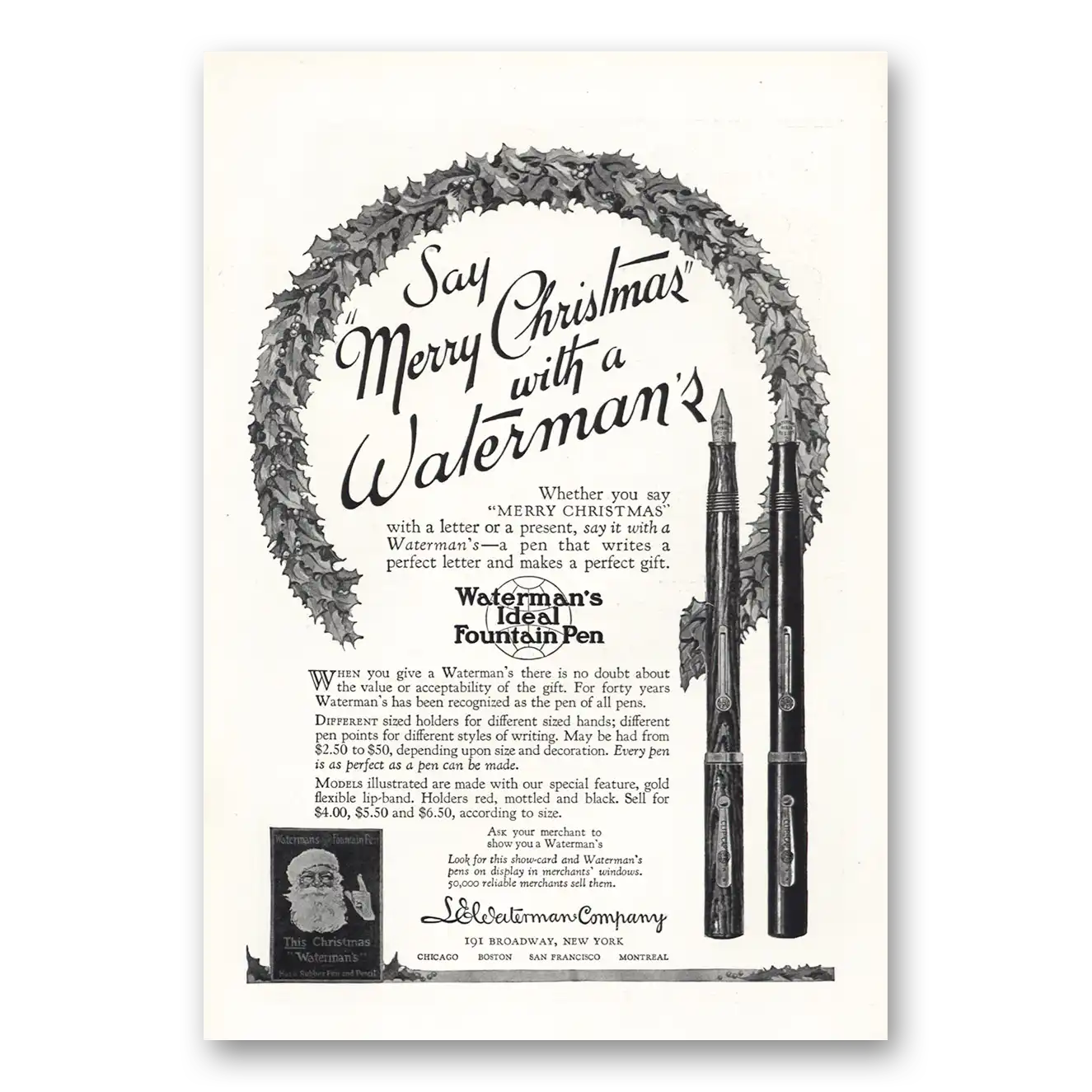 1924 Watermans Ideal Fountain Pen Merry Christmas Vintage Magazine Print Ad