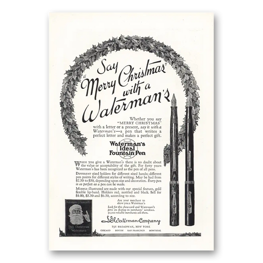 1924 Watermans Ideal Fountain Pen Merry Christmas Vintage Magazine Print Ad