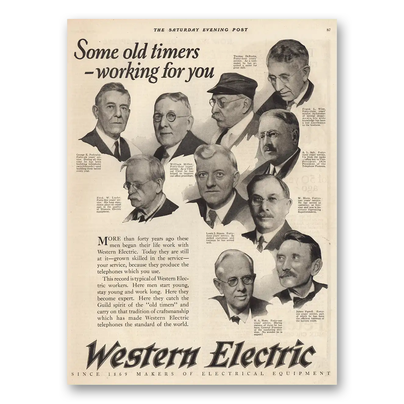 1924 Western Electric Some Old Timers Working for You Vintage Magazine Print Ad