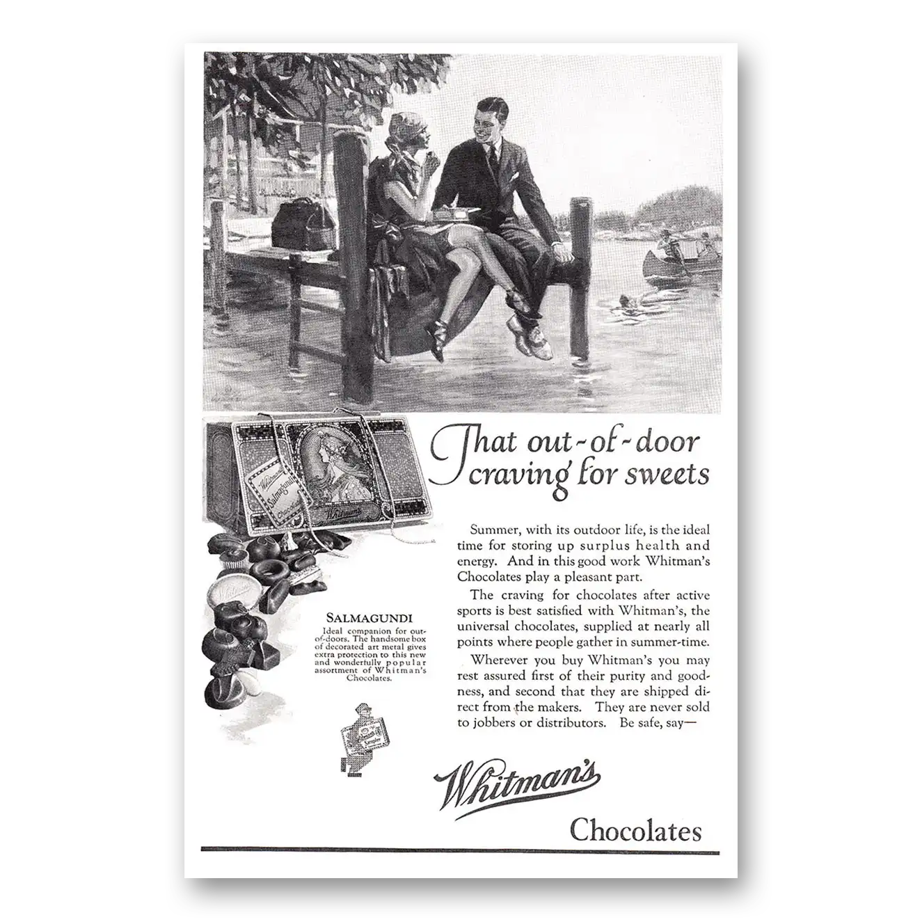 1924 Whitmans Chocolates That Out of Door Craving for Sweets Vintage Magazine Print Ad