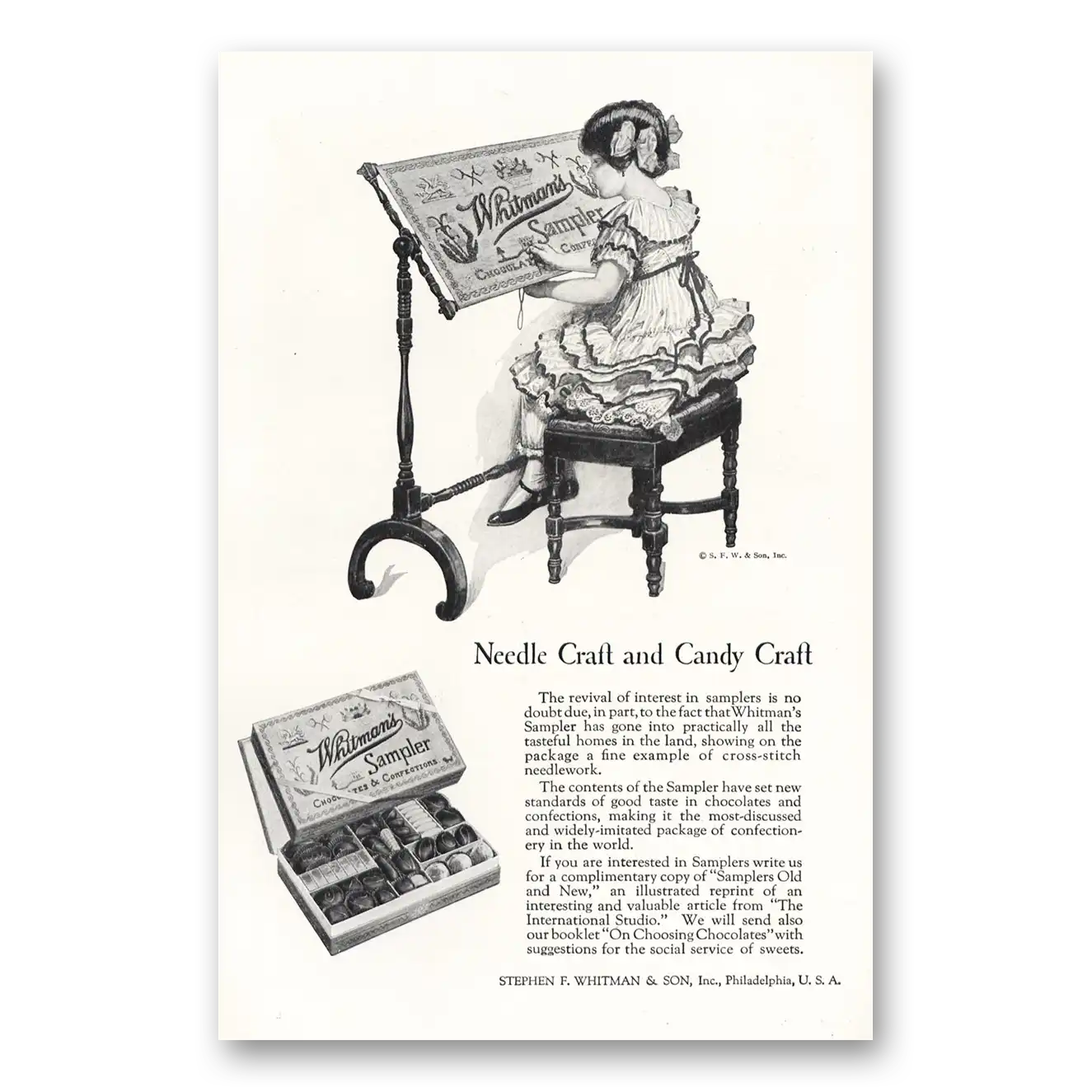 1924 Whitmans Chocolates Needle Craft and Candy Craft Vintage Magazine Print Ad