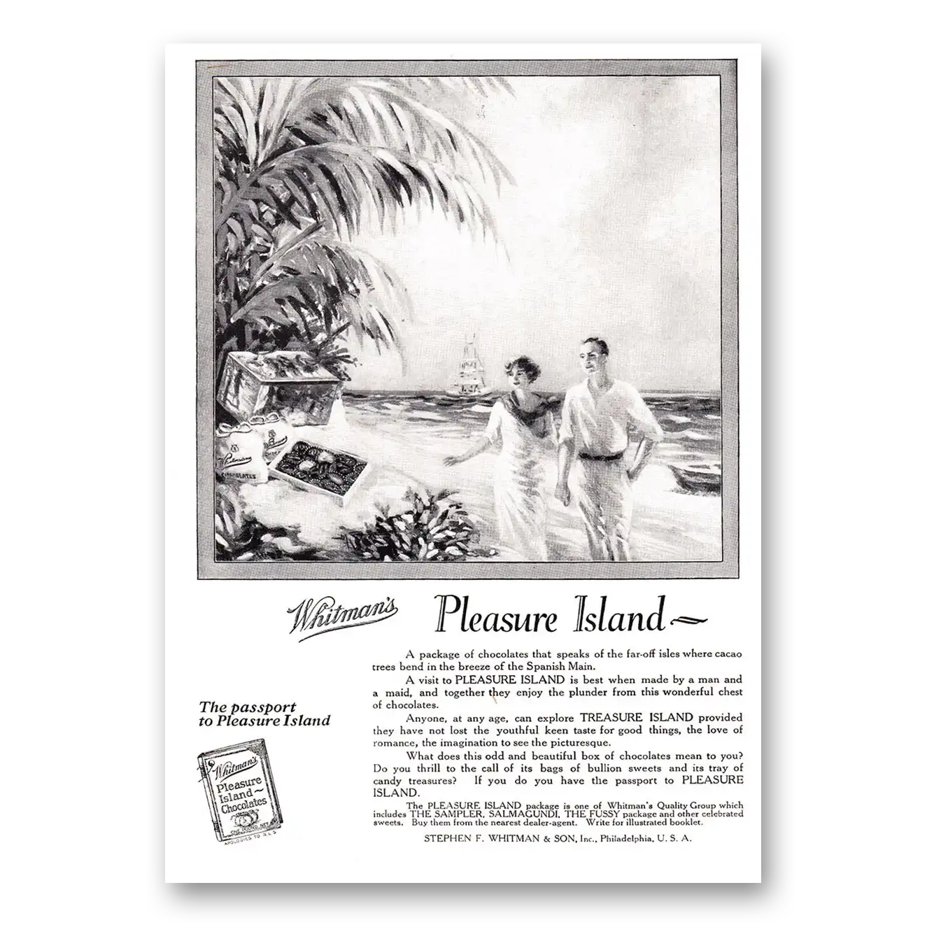 1924 Whitmans Chocolates Pleasure Island Vintage Magazine Print Ad