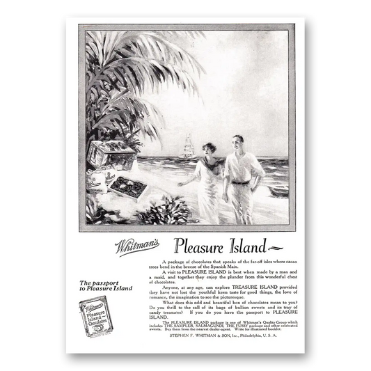 1924 Whitmans Chocolates Pleasure Island Vintage Magazine Print Ad