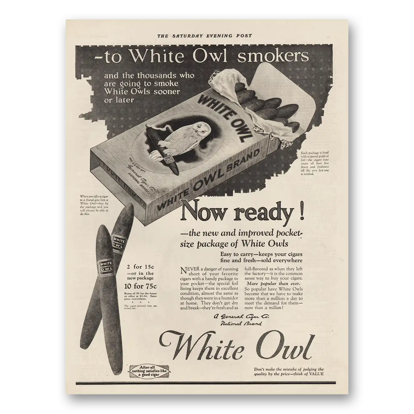 1924 White Owl Cigars To White Owl Smokers Vintage Magazine Print Ad