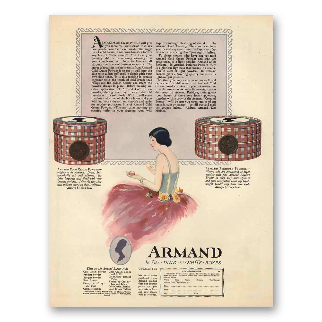 1925 Armand Beauty Aids Pink and White Boxes Vintage Magazine Print Ad