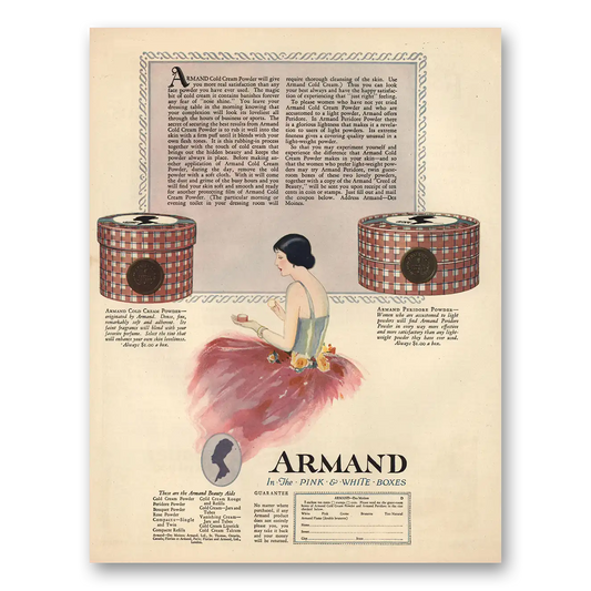 1925 Armand Beauty Aids Pink and White Boxes Vintage Magazine Print Ad