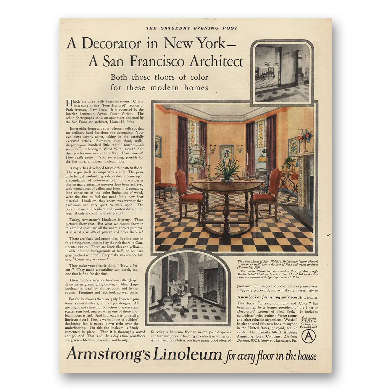 1925 Armstrong Linoleum Floors Decorator In New York Vintage Magazine Print Ad