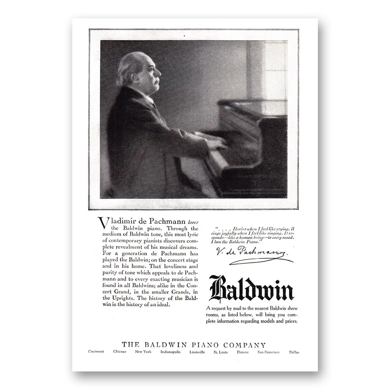 1925 Baldwin Piano Vladimir de Pachmann Vintage Magazine Print Ad