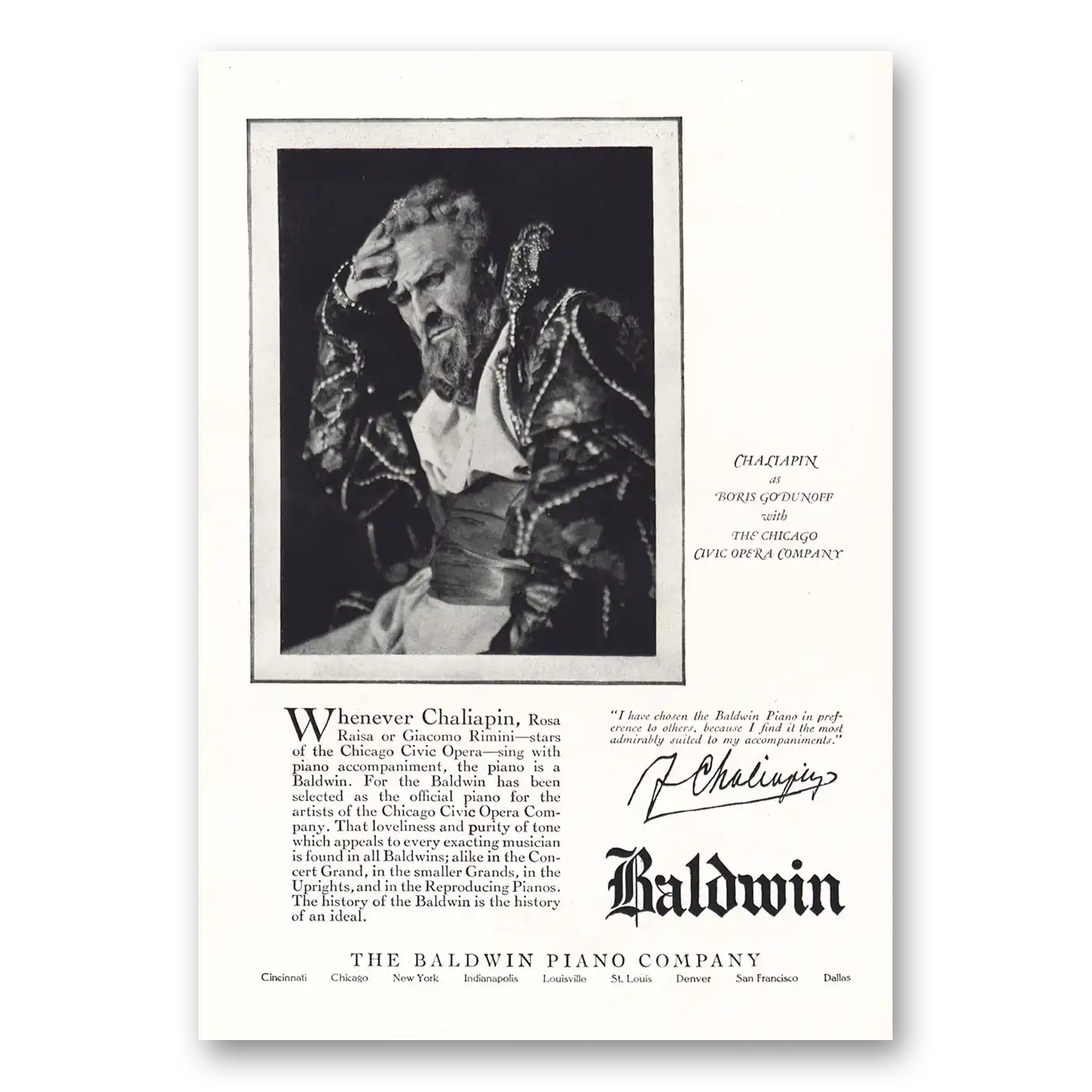 1925 Baldwin Piano Chaliapin Chicago Civic Opera Vintage Magazine Print Ad