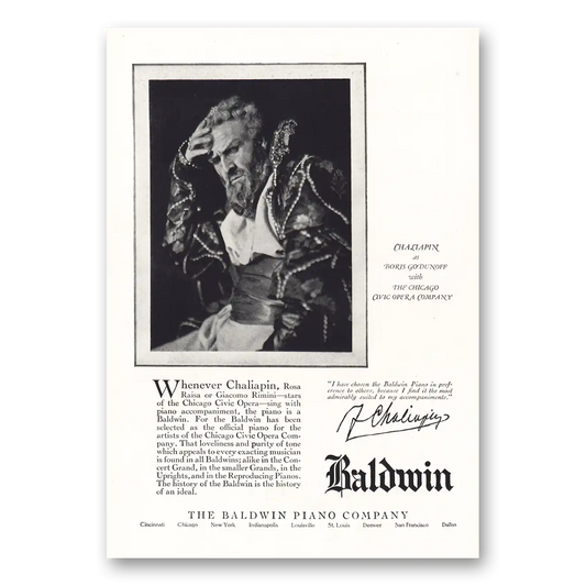 1925 Baldwin Piano Chaliapin Chicago Civic Opera Vintage Magazine Print Ad