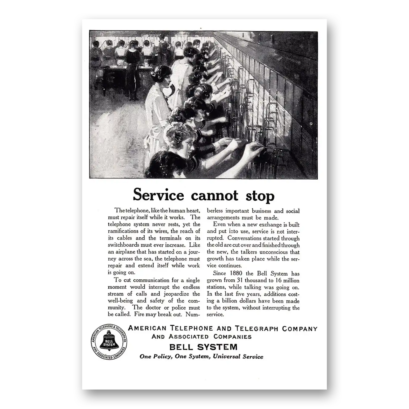 1925 American Telephone Service Cannot Stop Vintage Magazine Print Ad