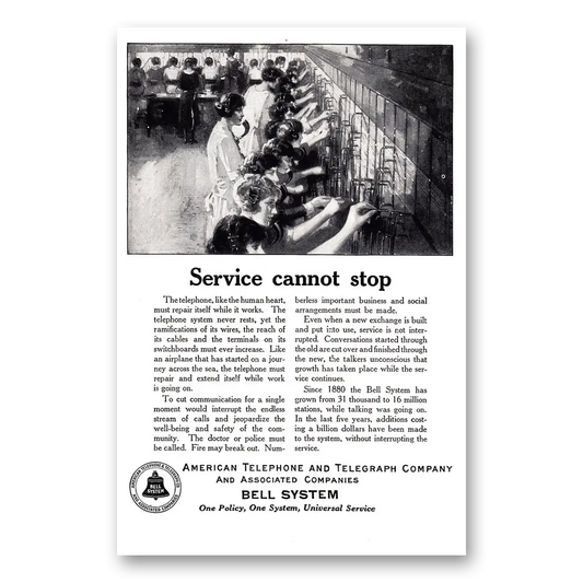 1925 American Telephone Service Cannot Stop Vintage Magazine Print Ad