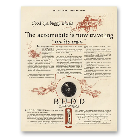 1925 Budd Wheel Company Good Bye Buggy Wheels Vintage Magazine Print Ad